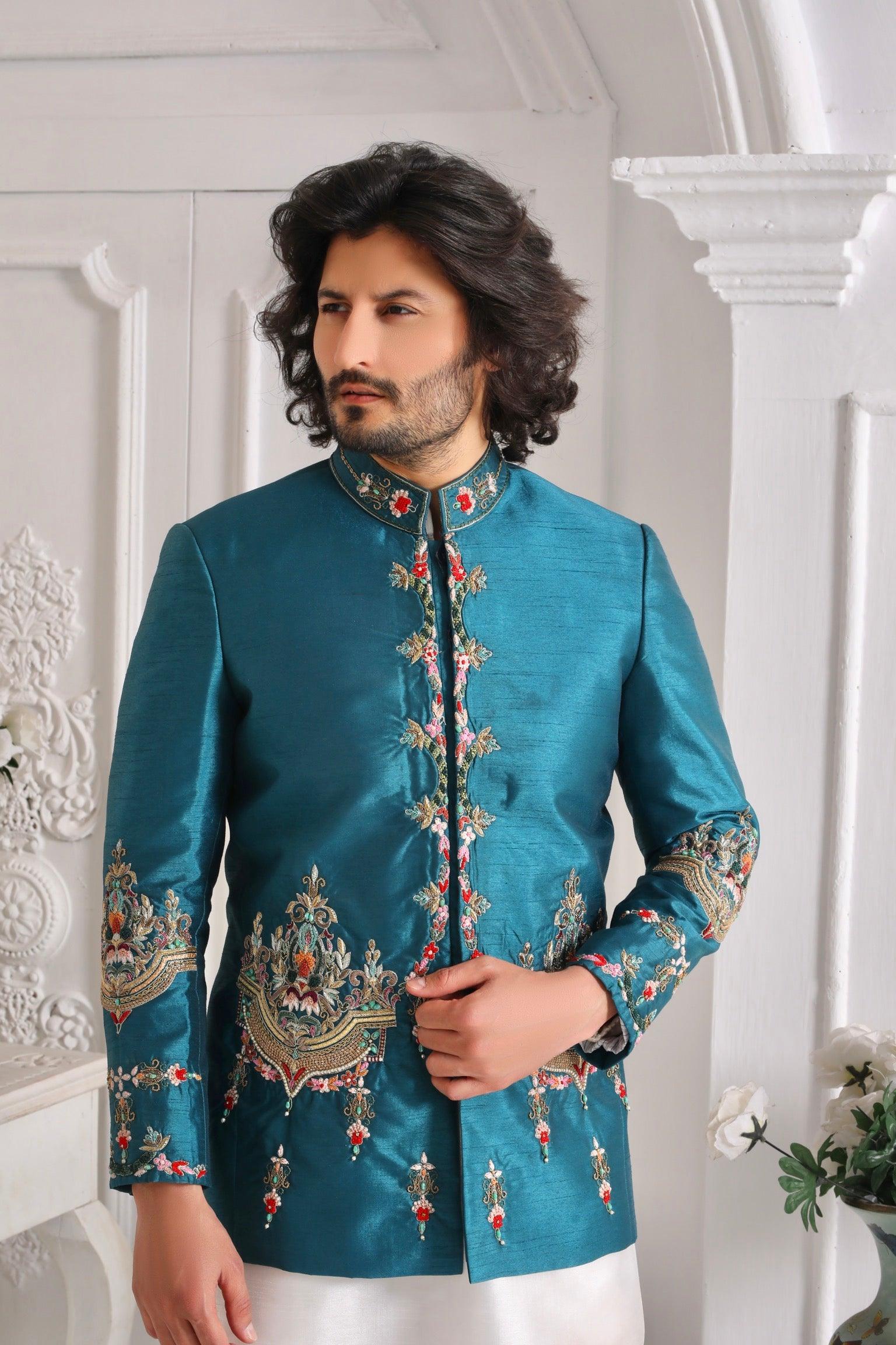 Zinc Blue Adda Work Silk Prince Coat (3-Piece) - Image 4