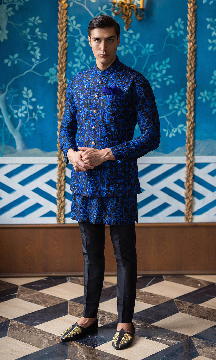 Cobalt Blue Embroidered Silk-Blend Prince Coat (2-Piece) - Image 1