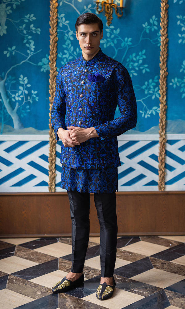 Cobalt Blue Embroidered Silk-Blend Prince Coat (2-Piece) - Image 2