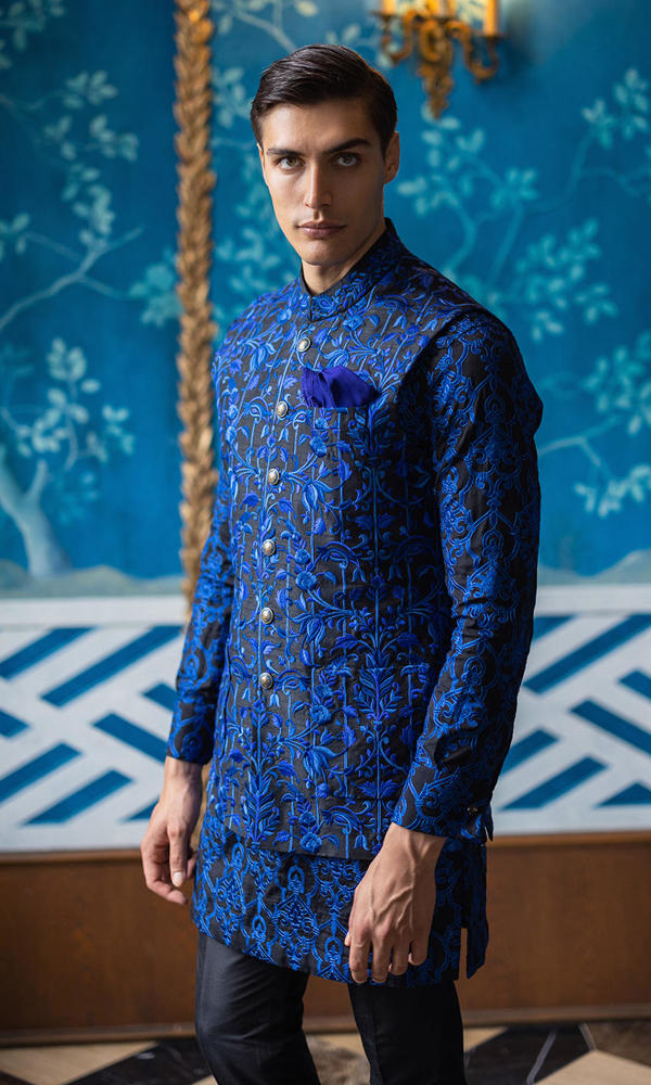 Cobalt Blue Embroidered Silk-Blend Prince Coat (2-Piece) - Image 3