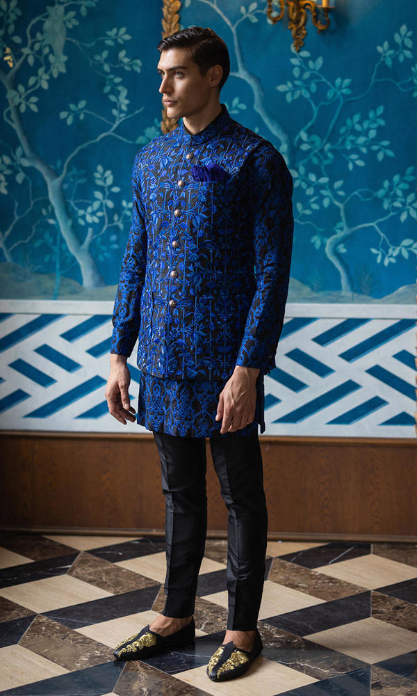 Cobalt Blue Embroidered Silk-Blend Prince Coat (2-Piece) - Image 4