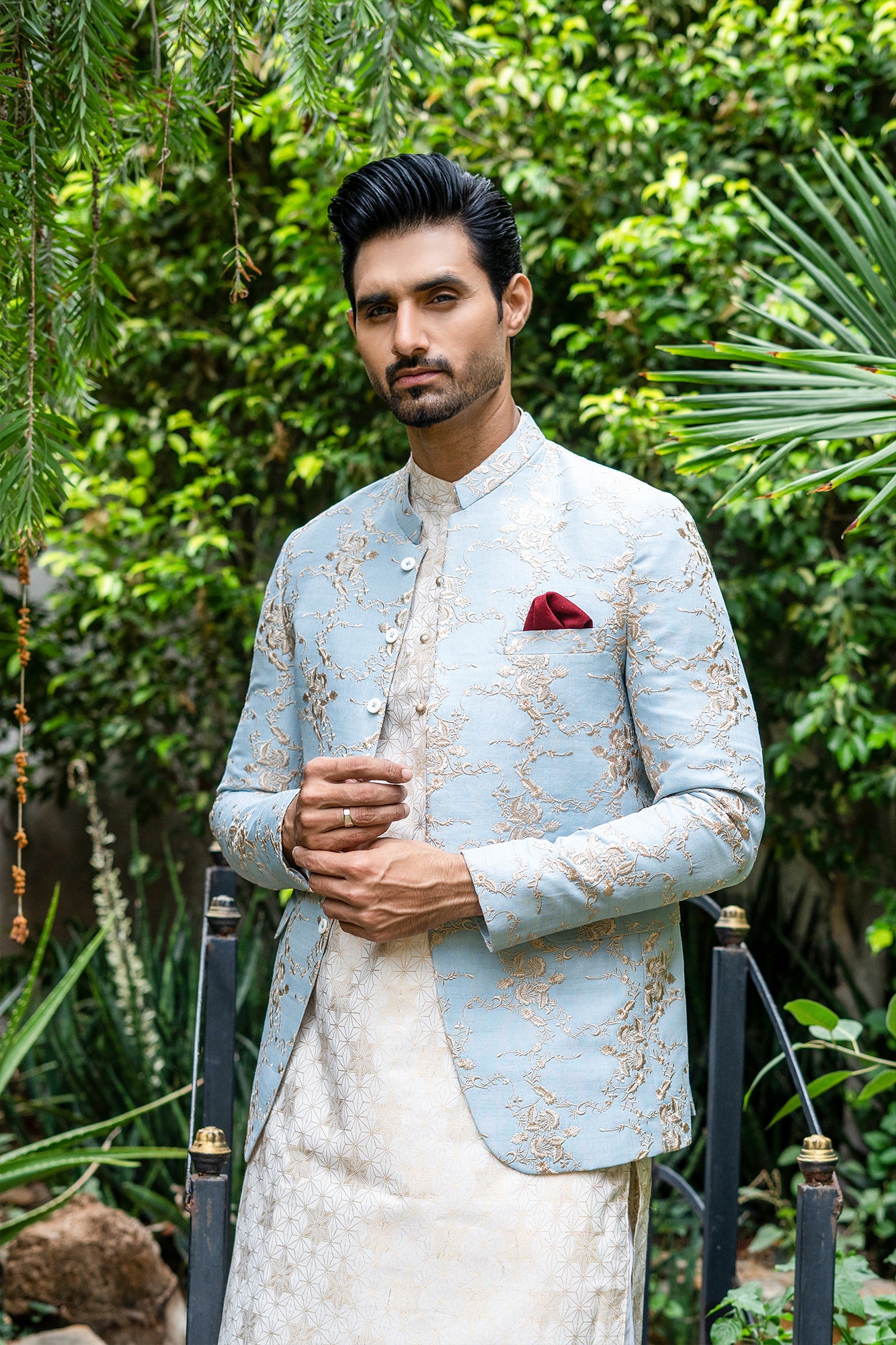 Pastel Sky Blue Embroidered Designer Fabric Prince Coat (1-Pc) - Image 1