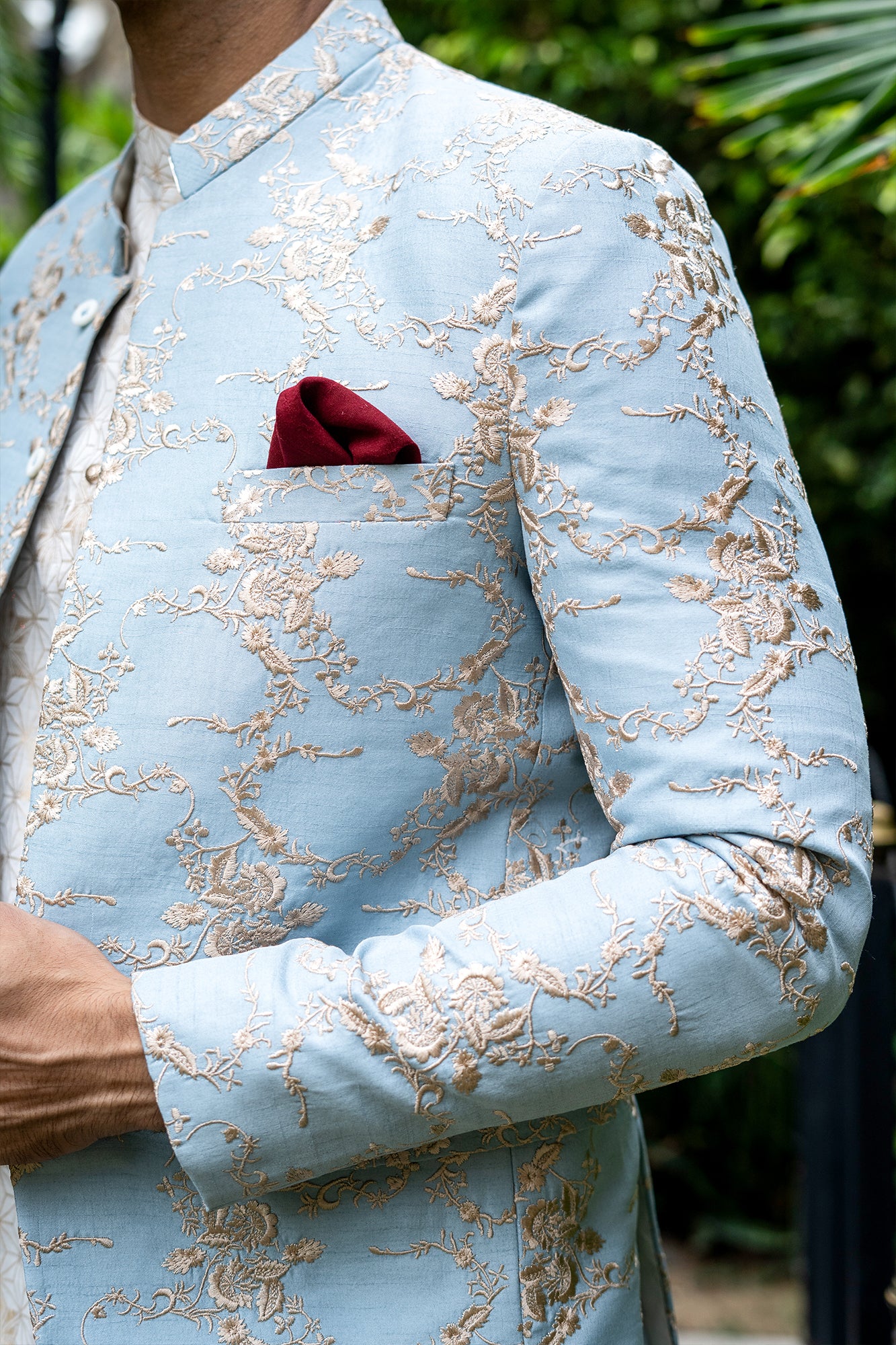 Pastel Sky Blue Embroidered Designer Fabric Prince Coat (1-Pc) - Image 2