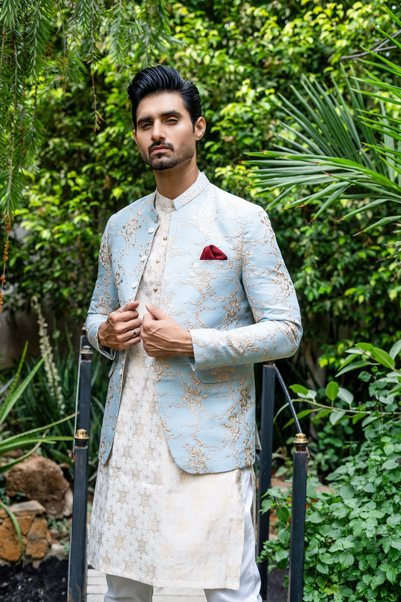 Pastel Sky Blue Embroidered Designer Fabric Prince Coat (1-Pc) - Image 3