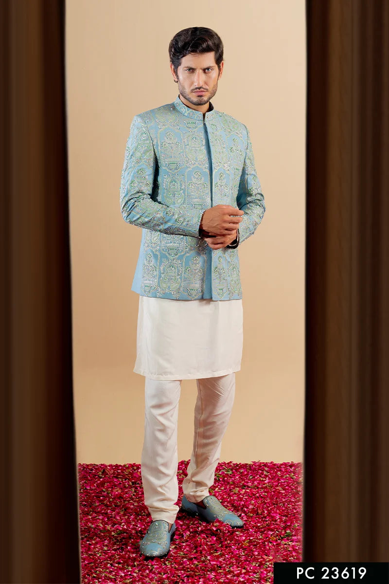 Light Blue Embroidered Silk-Blend Prince Coat (3-Piece) - Image 1