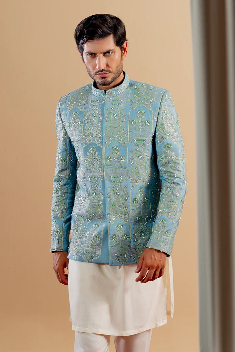 Light Blue Embroidered Silk-Blend Prince Coat (3-Piece) - Image 2