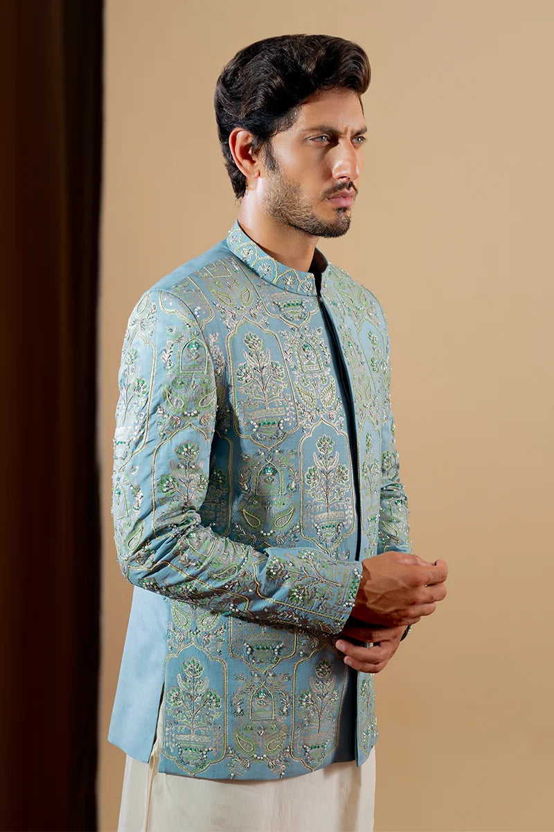Light Blue Embroidered Silk-Blend Prince Coat (3-Piece) - Image 3