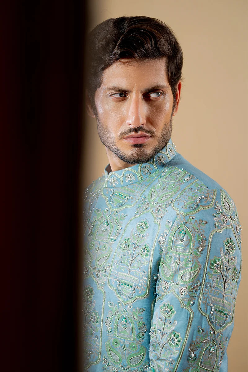 Light Blue Embroidered Silk-Blend Prince Coat (3-Piece) - Image 4
