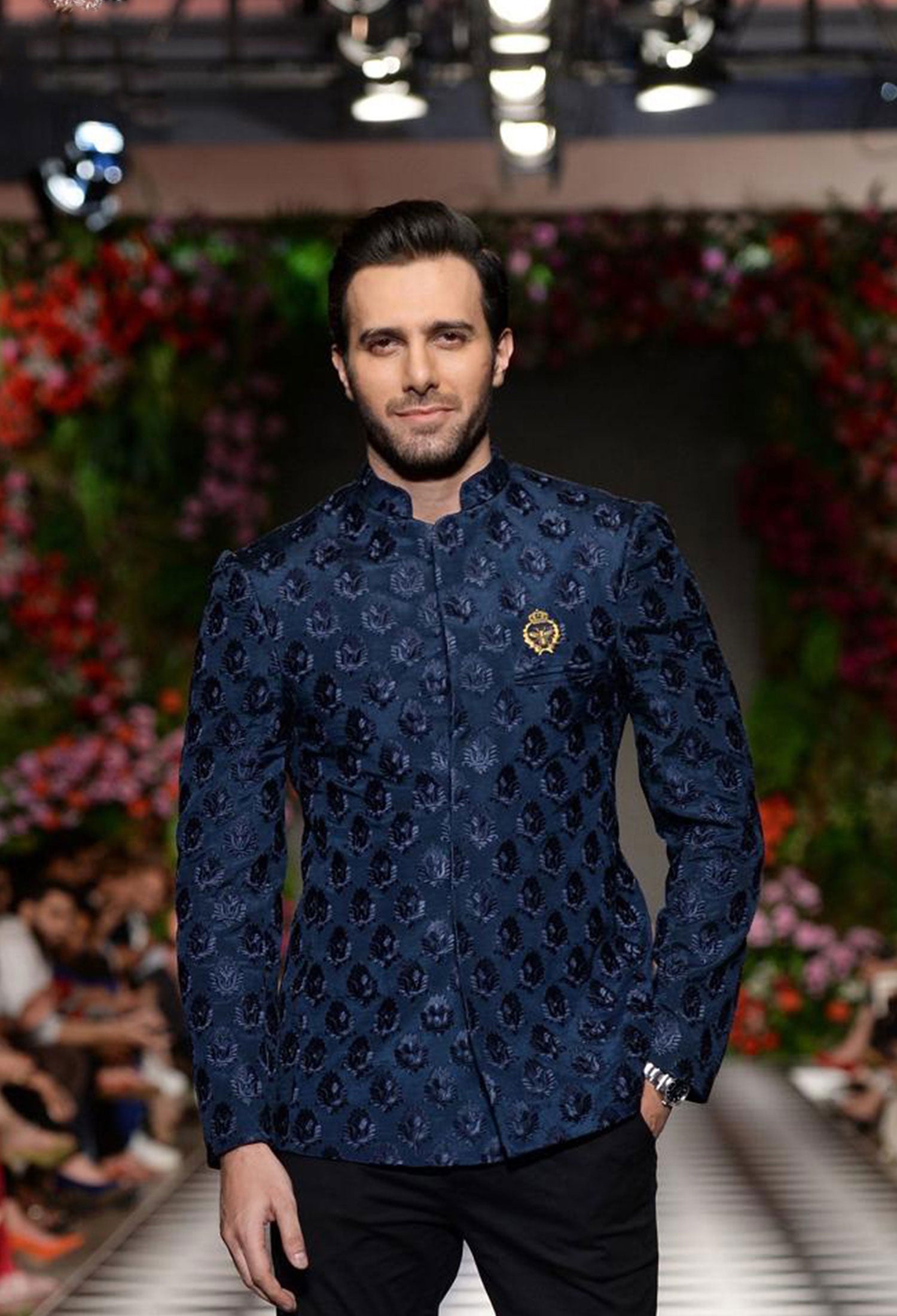 Midnight Blue Embossed Silk-Blend Prince Coat (2-Piece) - Image 1