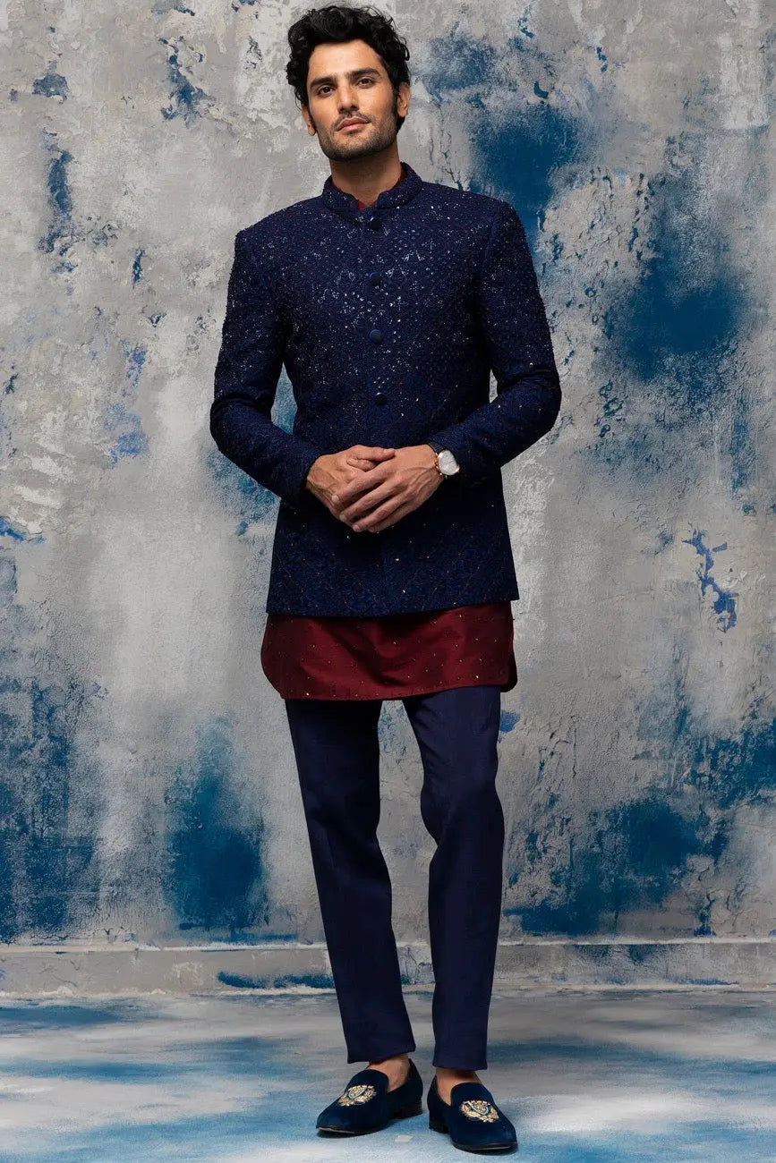 Midnight Blue Embellished Silk-Blend Prince Coat (3-Piece) - Image 1