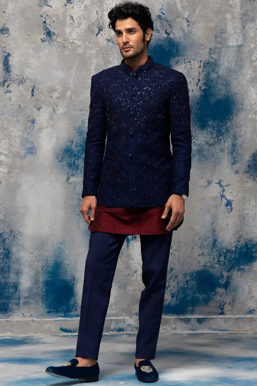 Midnight Blue Embellished Silk-Blend Prince Coat (3-Piece) - Image 2