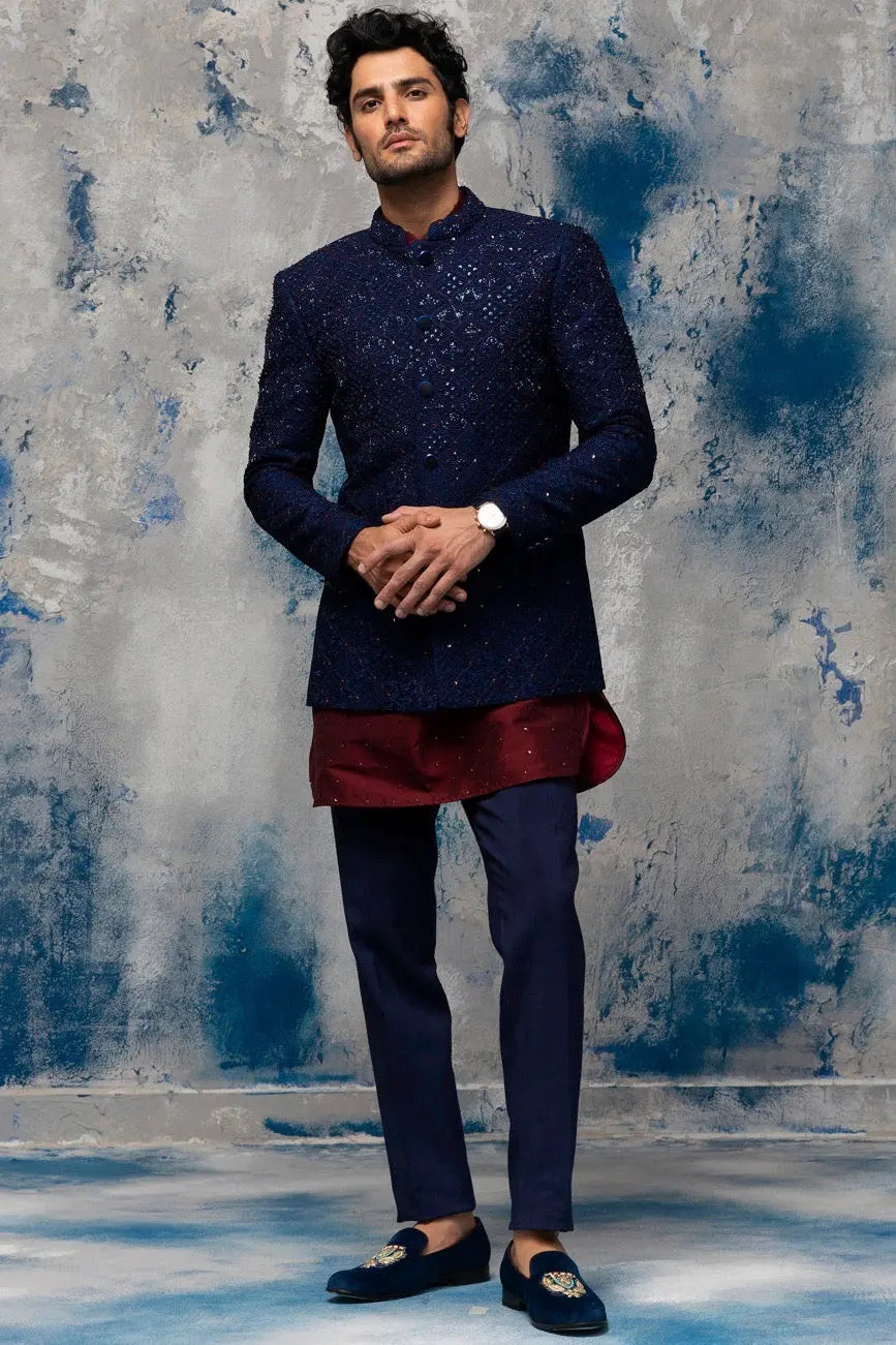 Midnight Blue Embellished Silk-Blend Prince Coat (3-Piece) - Image 3