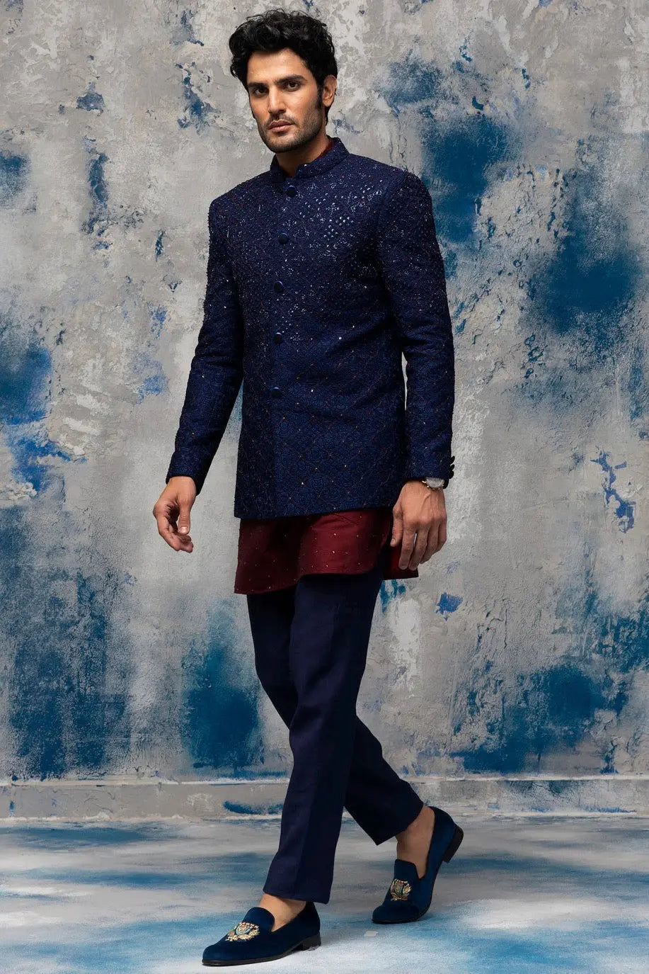 Midnight Blue Embellished Silk-Blend Prince Coat (3-Piece) - Image 4