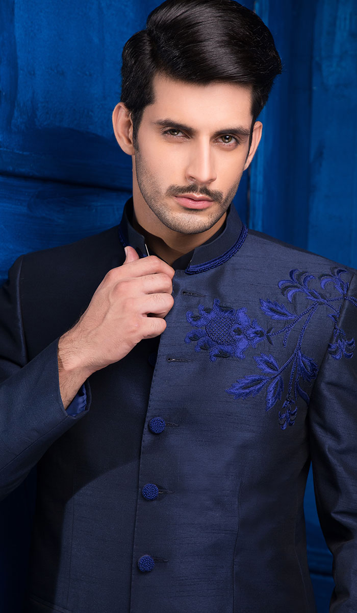 Denim Blue Embroidered Silk-Blend Prince Coat (3-Piece) - Image 1