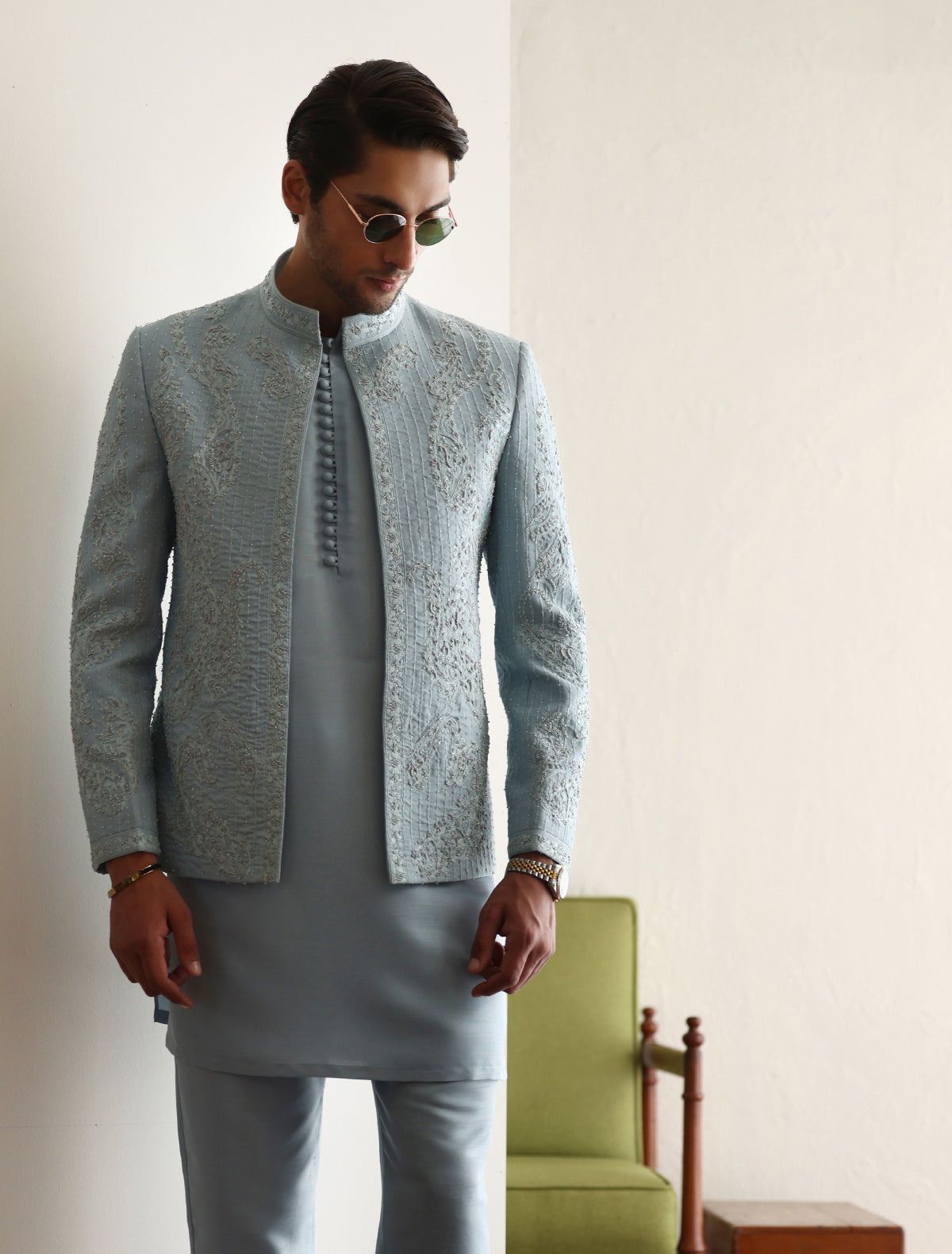 Light Blue Embroidered Silk-Blend Prince Coat (3-Piece) - Image 1