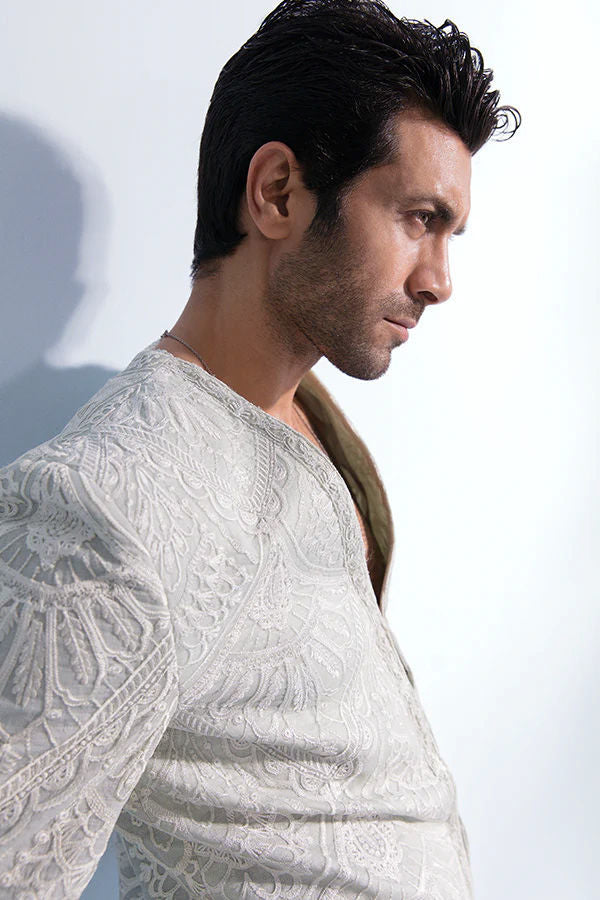 Aqua Blue Resham Embroidered Silk-Blend Prince Jacket (2-Piece) - Image 1