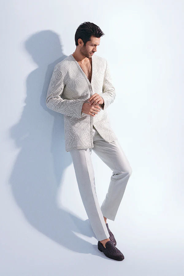 Aqua Blue Resham Embroidered Silk-Blend Prince Jacket (2-Piece) - Image 4