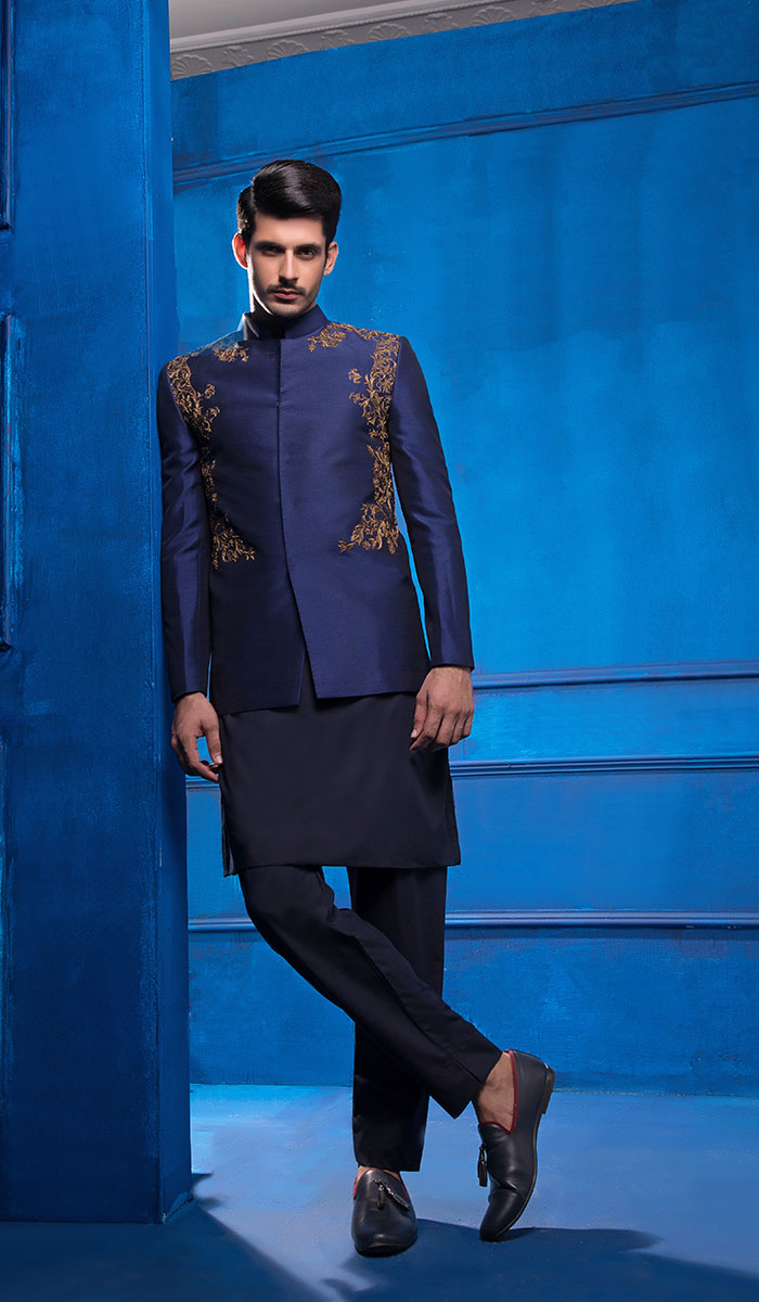 Denim Blue Embroidered Silk-Blend Prince Coat (3-Piece) - Image 1