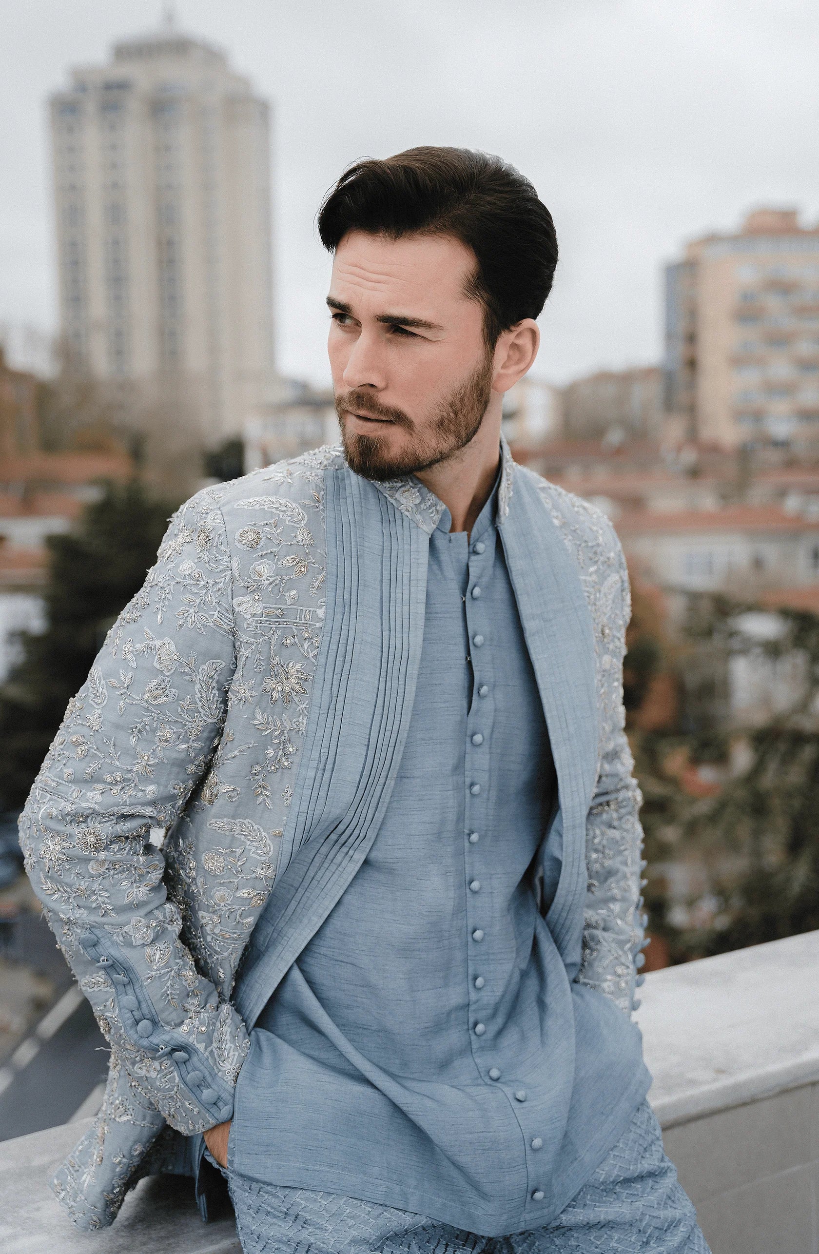 Ice Blue Embroidered Silk Prince Coat (3-Piece) - Image 1