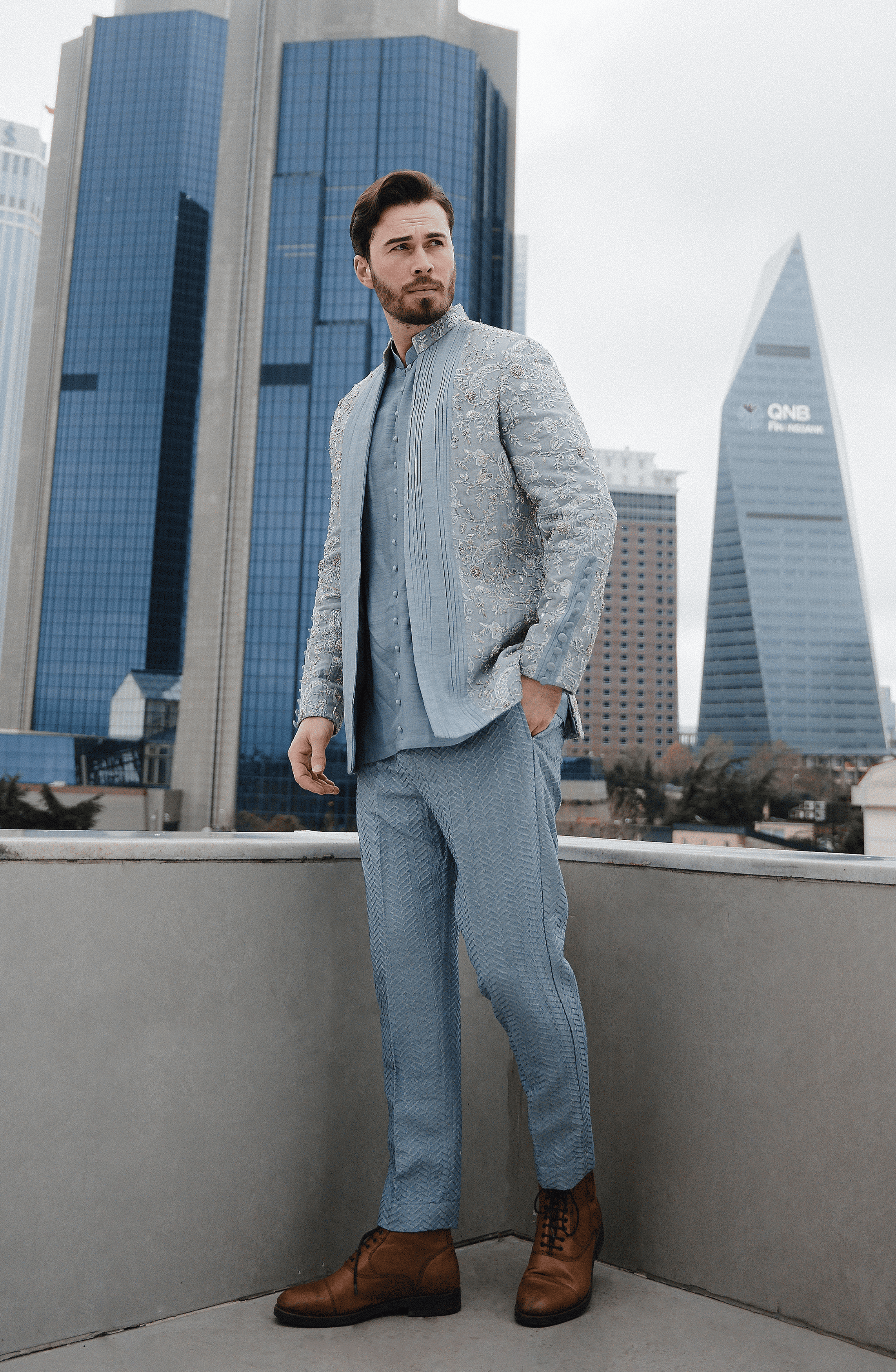 Ice Blue Embroidered Silk Prince Coat (3-Piece) - Image 2