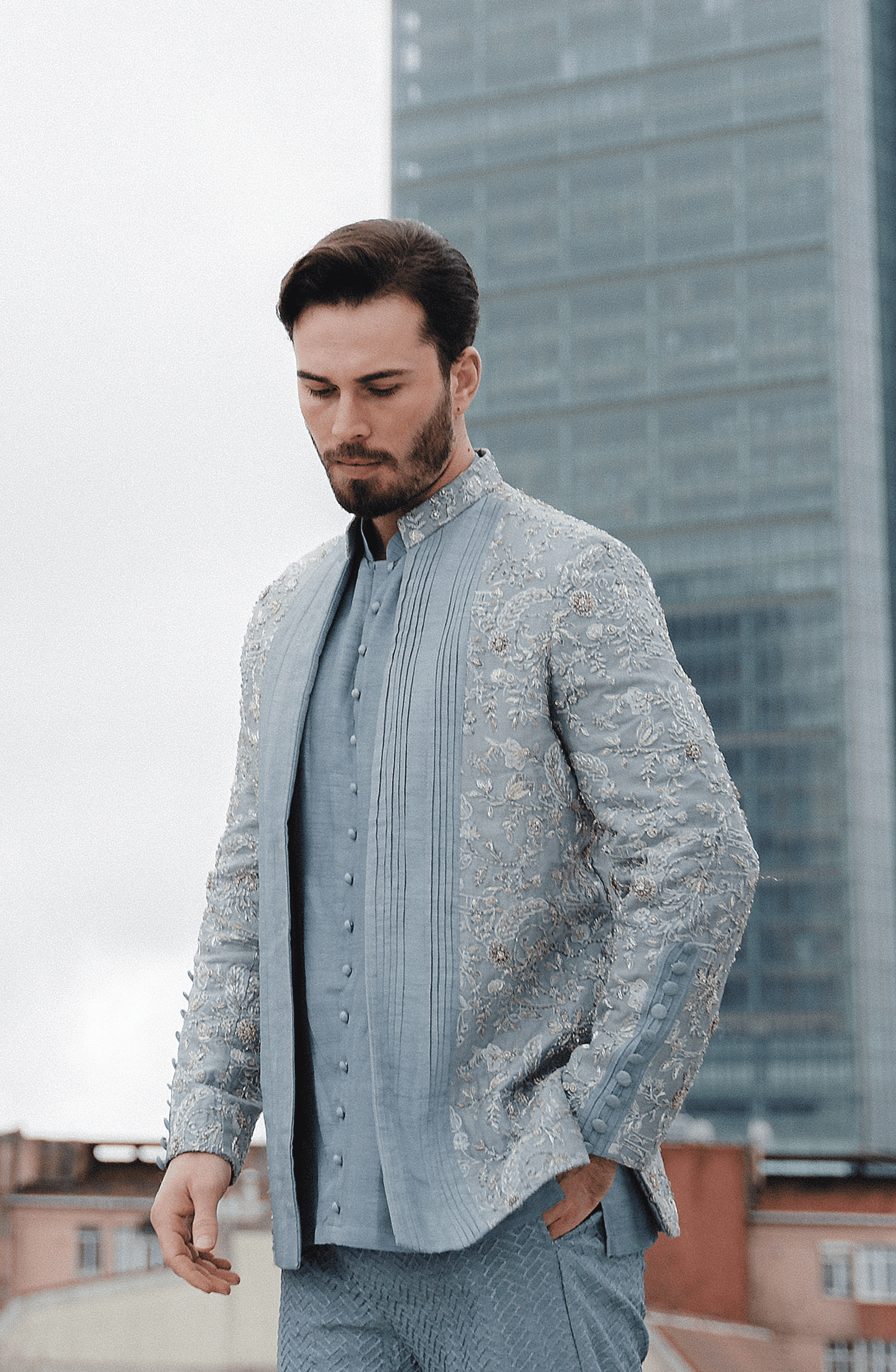 Ice Blue Embroidered Silk Prince Coat (3-Piece) - Image 3