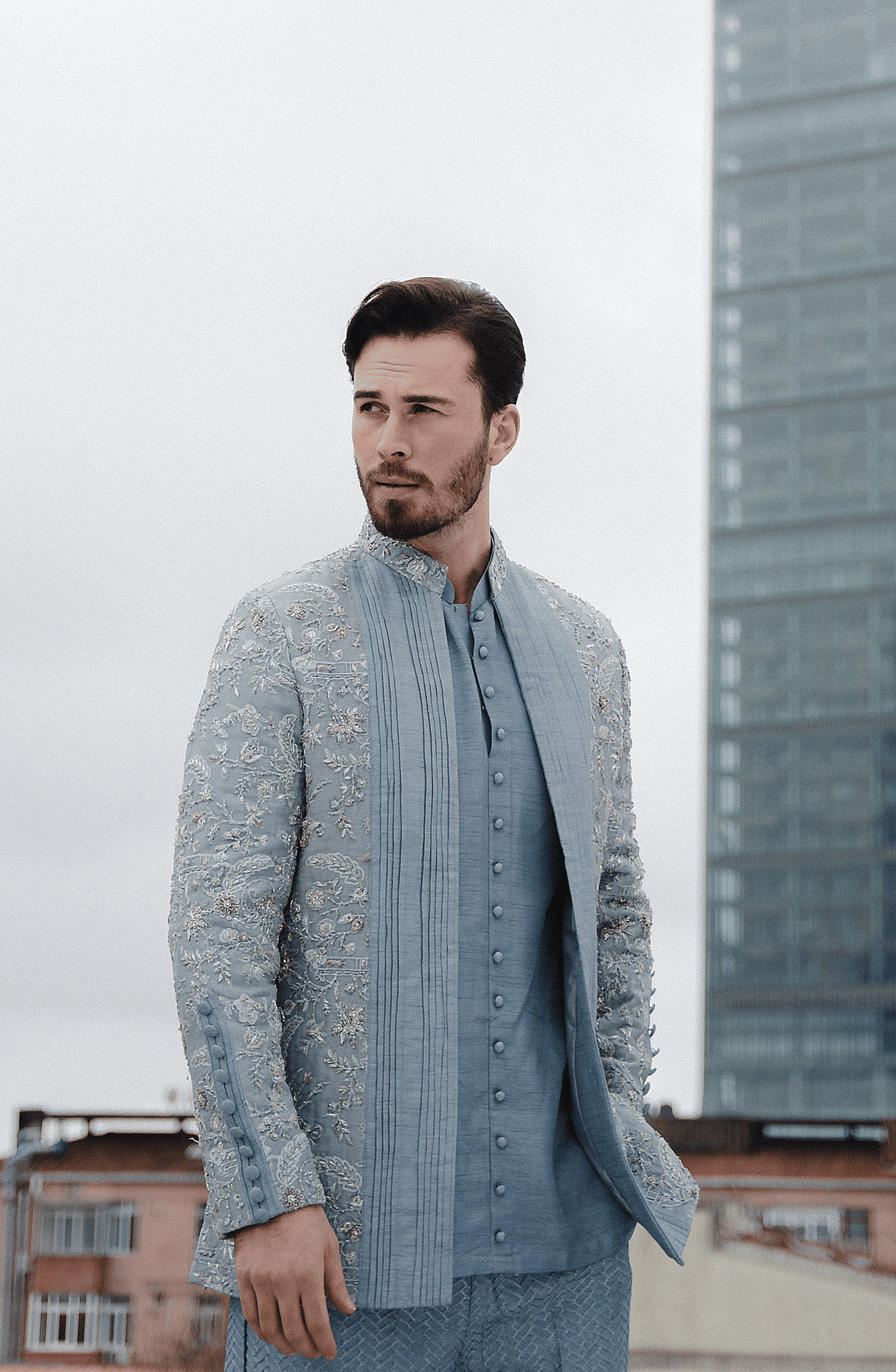 Ice Blue Embroidered Silk Prince Coat (3-Piece) - Image 4