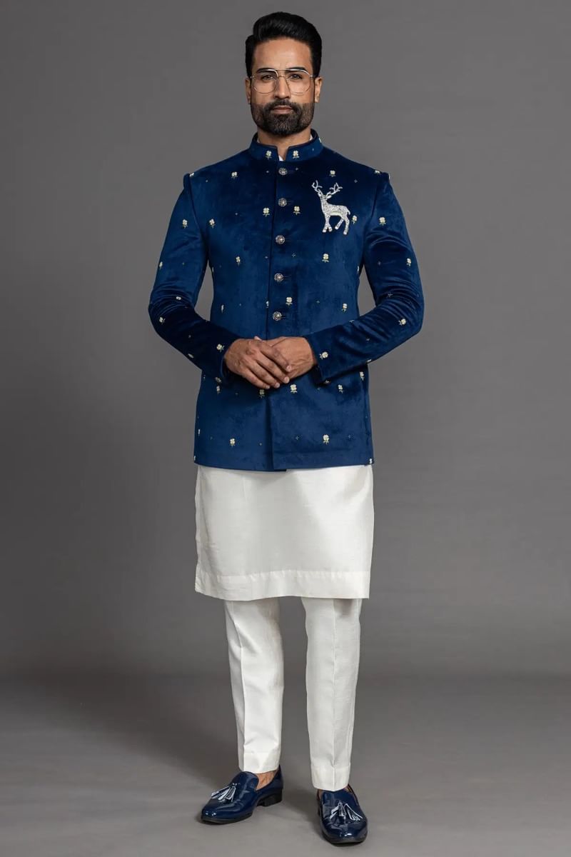 Oxford Blue Embroidered Suede Jodhpuri Suit (3-Piece) - Image 1