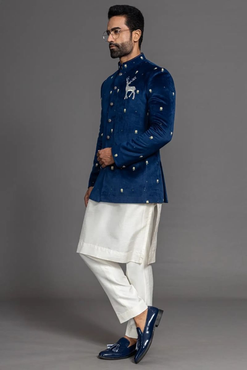 Oxford Blue Embroidered Suede Jodhpuri Suit (3-Piece) - Image 2