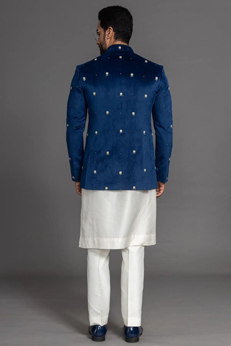 Oxford Blue Embroidered Suede Jodhpuri Suit (3-Piece) - Image 3