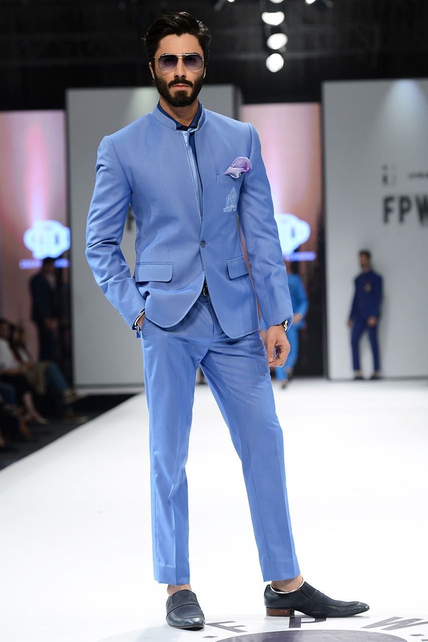 Ice Blue Embroidered Suiting Prince Coat (3-Piece) - Image 1