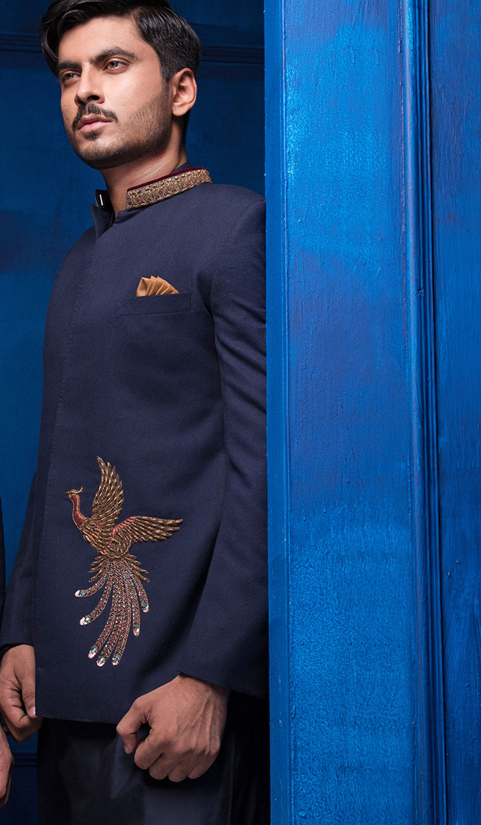 Denim Blue Embroidered Suiting Prince Coat (3-Piece) - Image 1