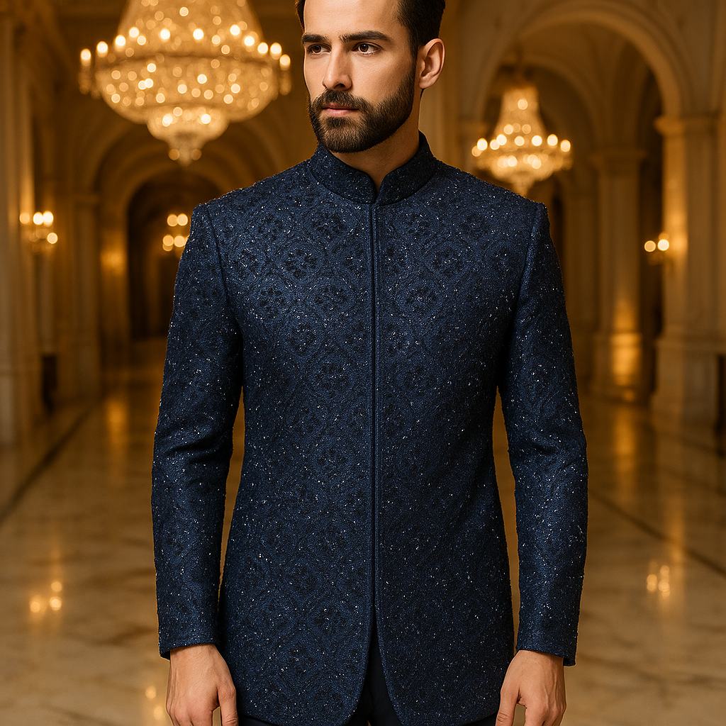 Navy Blue Hand-Embroidered Suiting Prince Coat (1-Pc) - Image 1