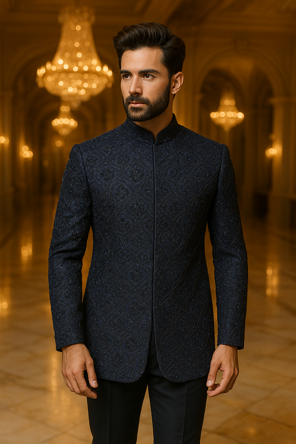 Navy Blue Hand-Embroidered Suiting Prince Coat (1-Pc) - Image 2
