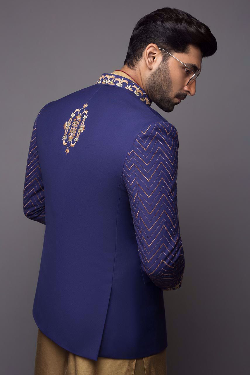 Royal Blue Embroidered Suiting Prince Coat (3-Piece) - Image 3