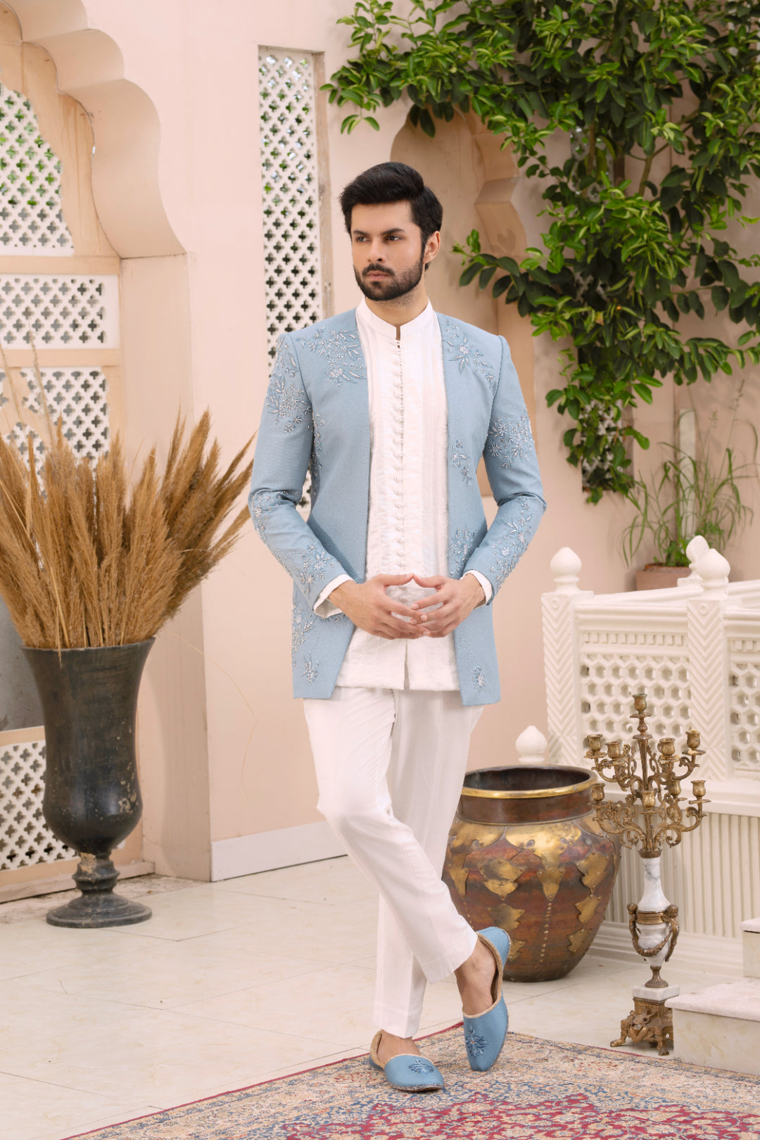 Ice Blue Embroidered Suiting Shine Prince Coat (3-Piece) - Image 1