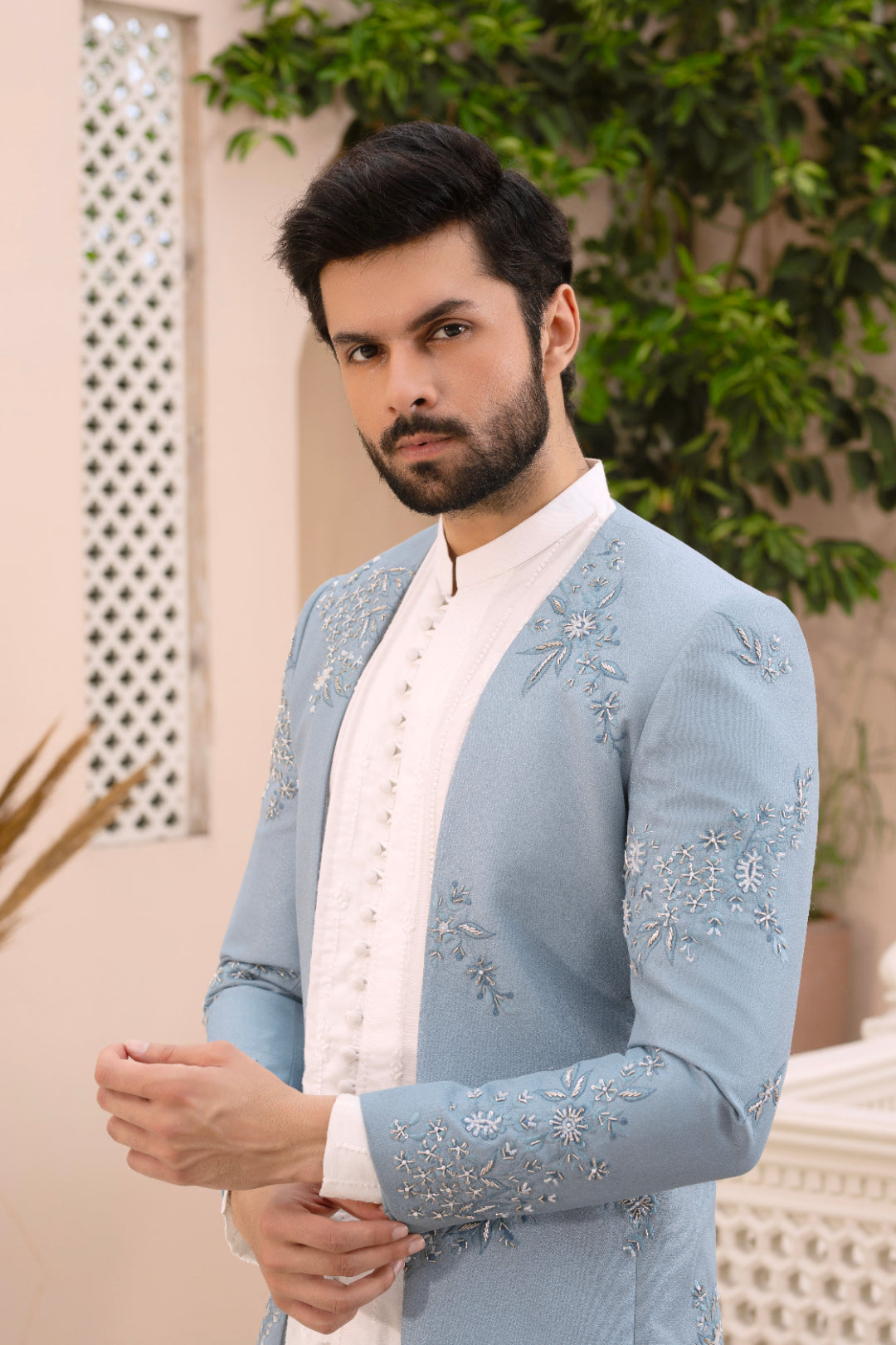Ice Blue Embroidered Suiting Shine Prince Coat (3-Piece) - Image 2