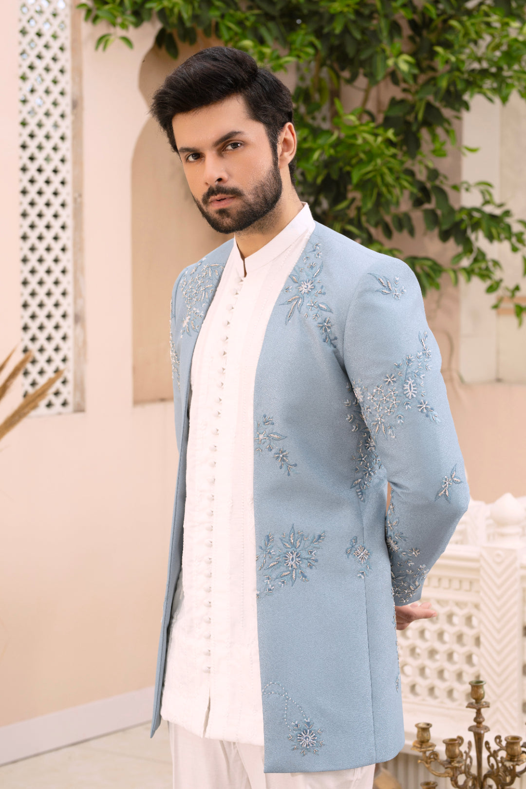 Ice Blue Embroidered Suiting Shine Prince Coat (3-Piece) - Image 3