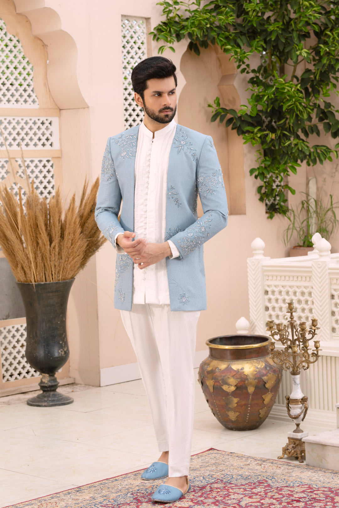 Ice Blue Embroidered Suiting Shine Prince Coat (3-Piece) - Image 4