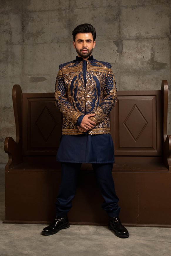 Royal Blue Embroidered Tropical Suiting Raja Coat (3-Piece) - Image 1