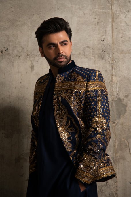 Royal Blue Embroidered Tropical Suiting Raja Coat (3-Piece) - Image 3