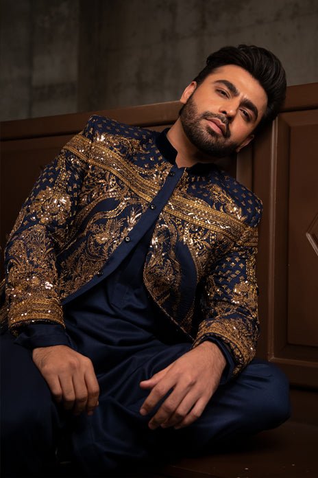 Royal Blue Embroidered Tropical Suiting Raja Coat (3-Piece) - Image 4