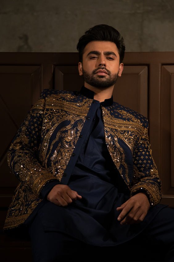 Royal Blue Embroidered Tropical Suiting Raja Coat (3-Piece) - Image 5