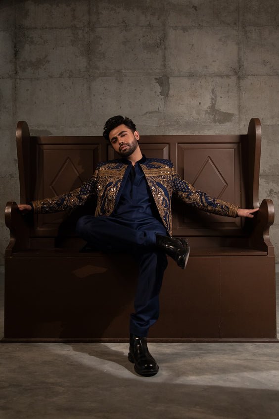 Royal Blue Embroidered Tropical Suiting Raja Coat (3-Piece) - Image 6