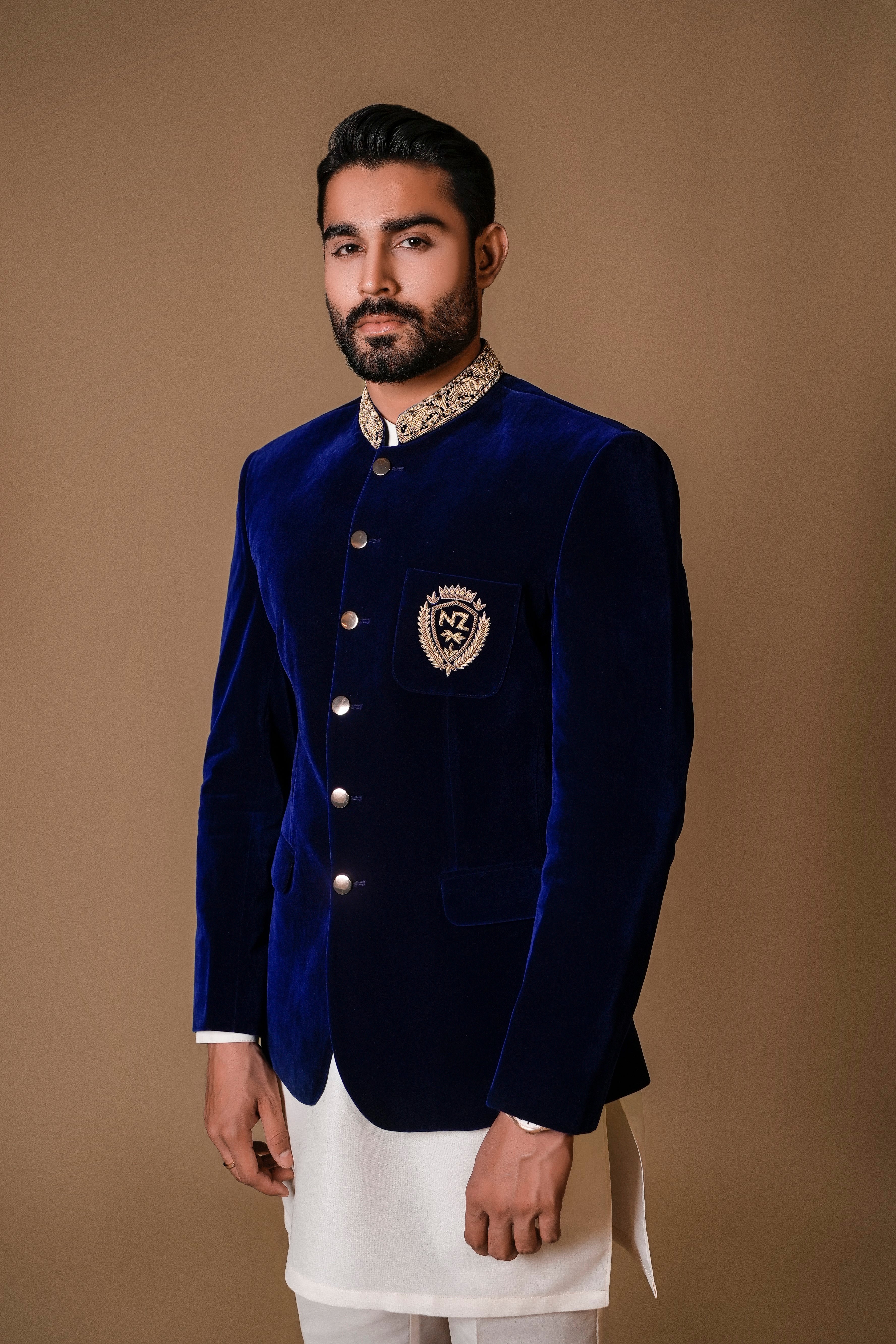 Royal Blue Hand-Embroidered Velvet Prince Coat (3-Piece) - Image 1