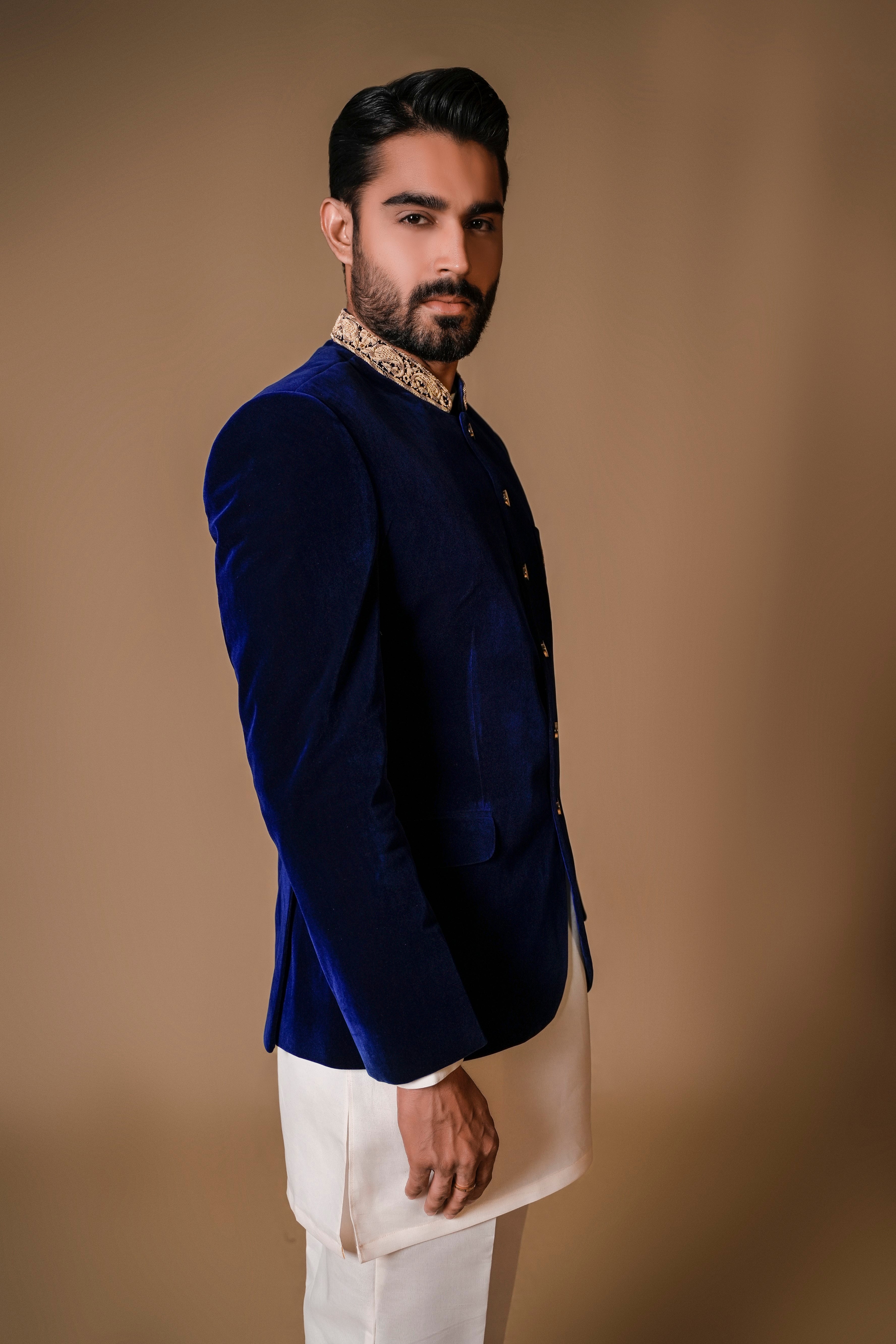 Royal Blue Hand-Embroidered Velvet Prince Coat (3-Piece) - Image 2