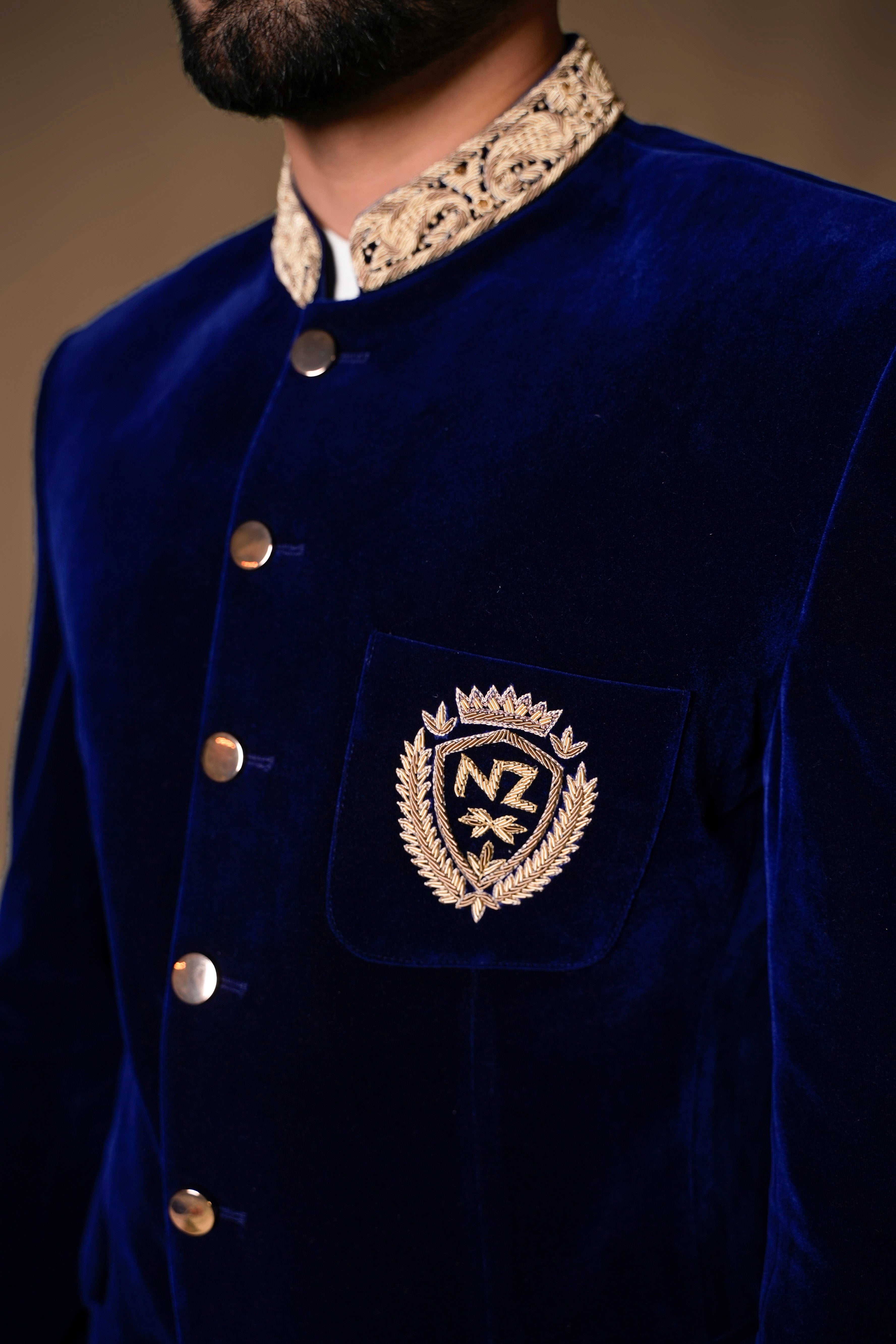 Royal Blue Hand-Embroidered Velvet Prince Coat (3-Piece) - Image 3