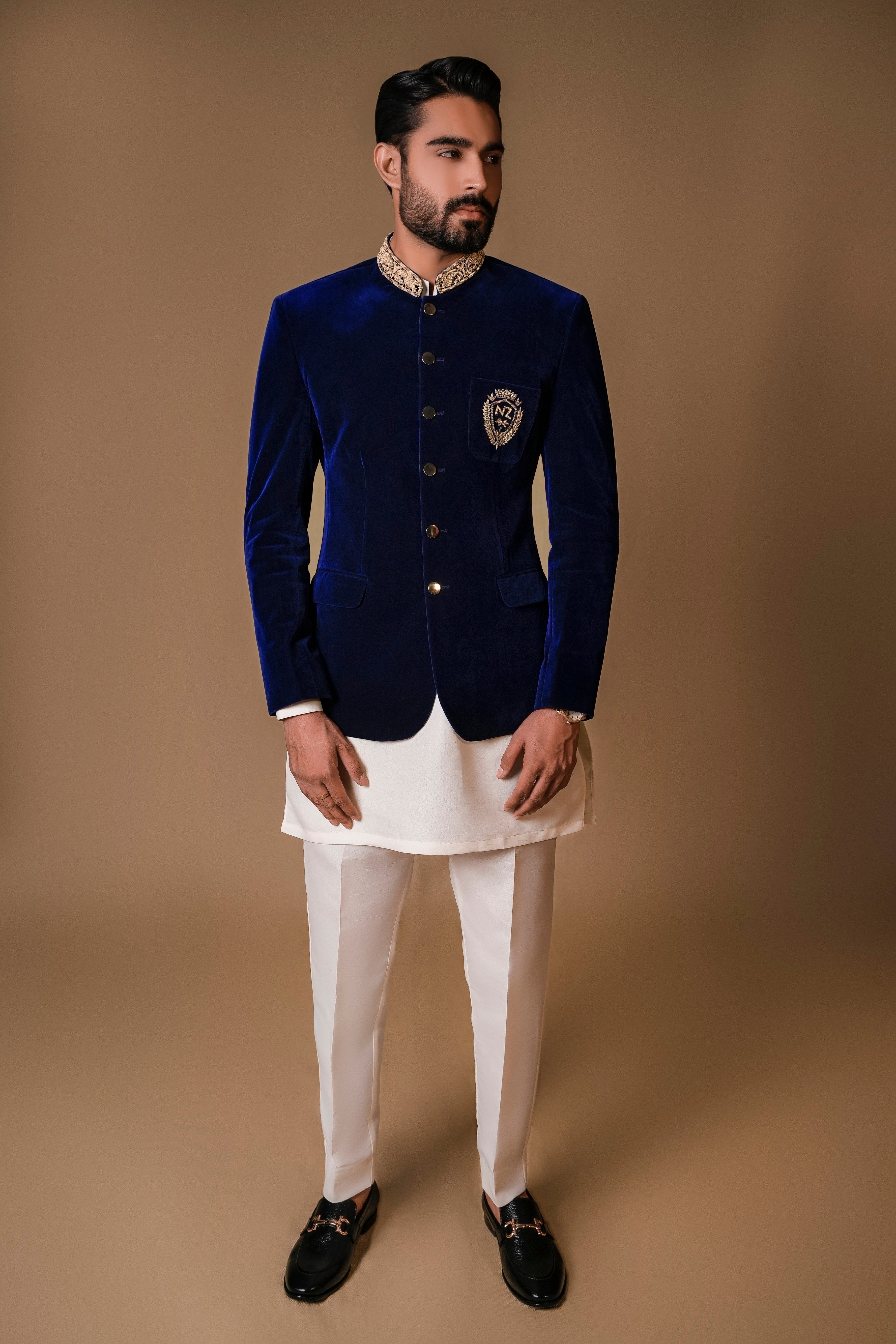 Royal Blue Hand-Embroidered Velvet Prince Coat (3-Piece) - Image 4