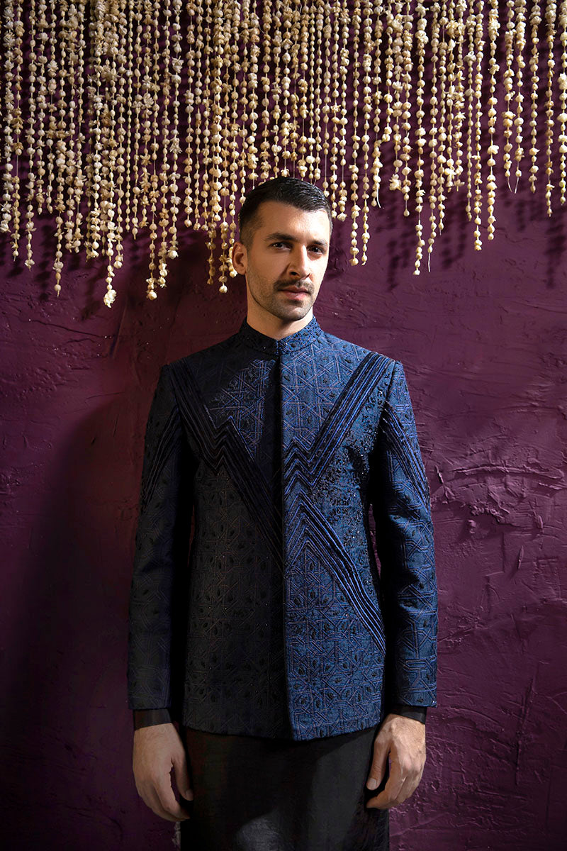 Deep Blue Self-Embroidered Velvet-Effect Prince Coat (3-Piece) - Image 2