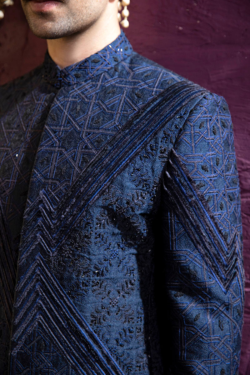 Deep Blue Self-Embroidered Velvet-Effect Prince Coat (3-Piece) - Image 3