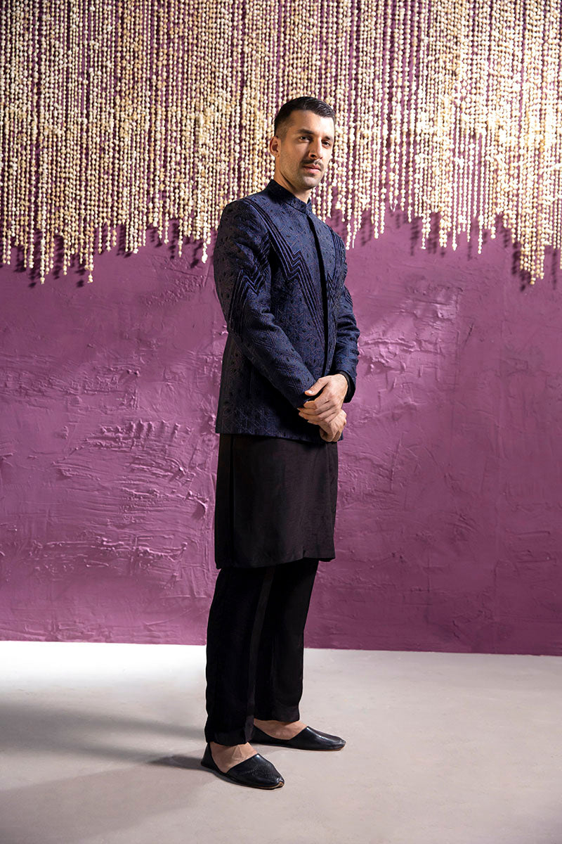 Deep Blue Self-Embroidered Velvet-Effect Prince Coat (3-Piece) - Image 4